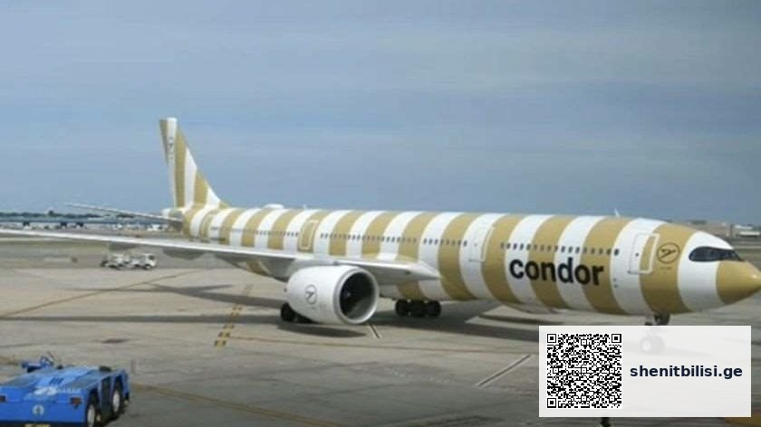 Condor Airlines თვითმფრინავი ფრანკფურტის აეროპორტში თბილისის ფონზე