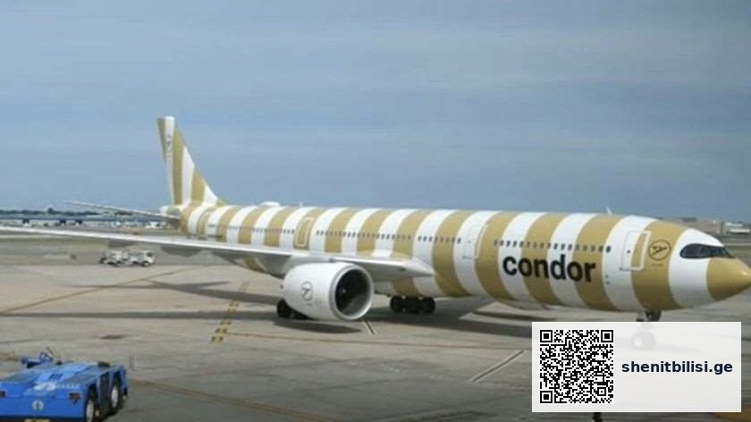 Condor Airlines თვითმფრინავი ფრანკფურტის აეროპორტში თბილისის ფონზე